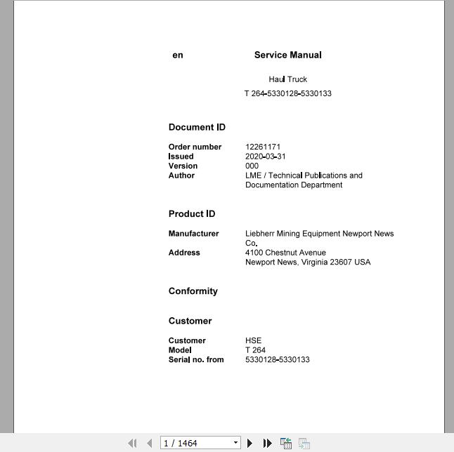 Liebherr Mining Haul Truck T264 5330128 5330133 Service ManualsEN 1Ji8gX