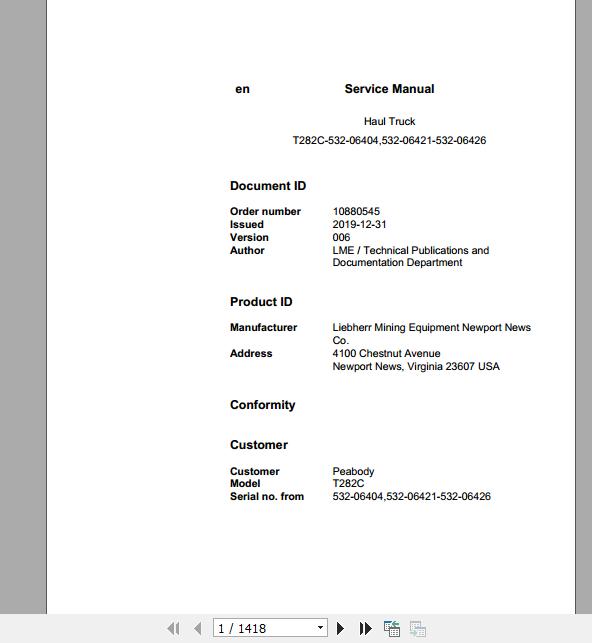 Liebherr Mining Haul Truck T282C 532 06404 532 06421 532 06426 Service ManualsEN 1