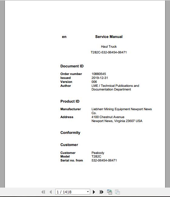 Liebherr Mining Haul Truck T282C 532 06454 06471 Service ManualsEN 1