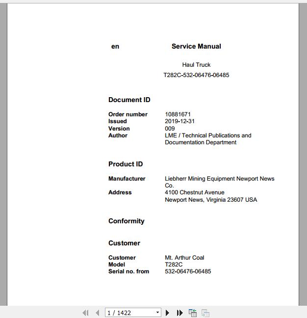 Liebherr Mining Haul Truck T282C 532 06476 06485 Service ManualsEN 1