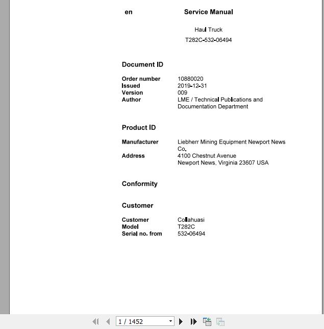 Liebherr Mining Haul Truck T282C 532 06494 Service ManualsEN 1