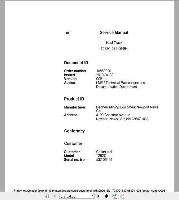 Liebherr Mining Haul Truck T282C 532 06494 Service ManualsEN 1DPX00