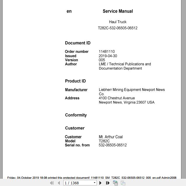 Liebherr Mining Haul Truck T282C 532 06505 06512 Service ManualsEN 16j0eT