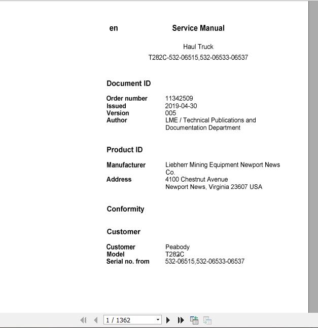 Liebherr Mining Haul Truck T282C 532 06515532 06533 06537 Service ManualsEN 1