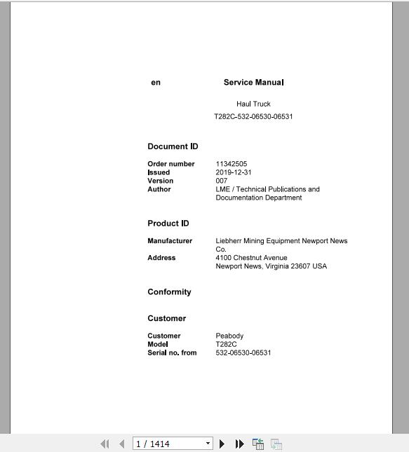 Liebherr Mining Haul Truck T282C 532 06530 06531 Service ManualsEN 1