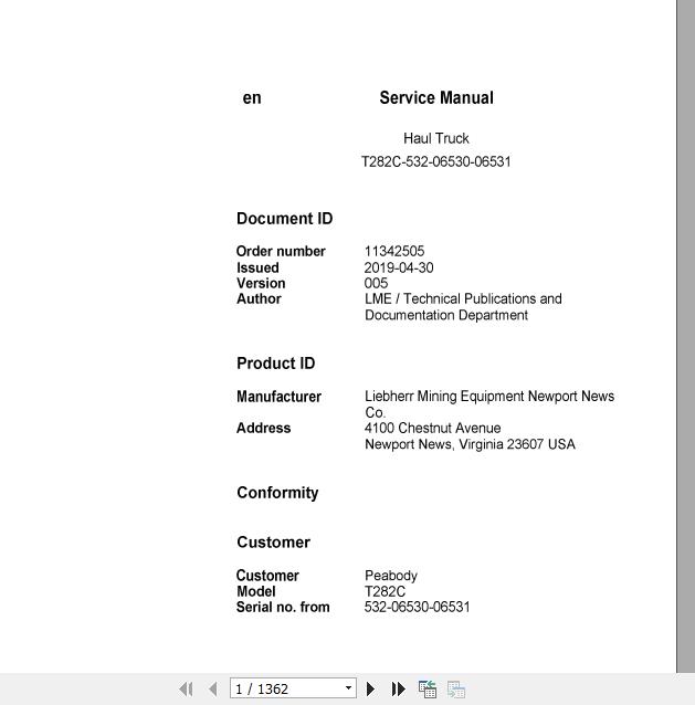 Liebherr Mining Haul Truck T282C 532 06530 06531 Service ManualsEN 1S598D