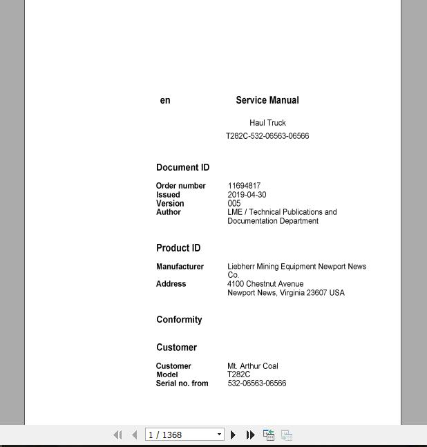 Liebherr Mining Haul Truck T282C 532 06563 06566 Service ManualsEN 1rE3At