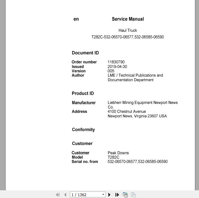 Liebherr Mining Haul Truck T282C 532 06570 06577532 06585 06590 Service ManualsEN 1