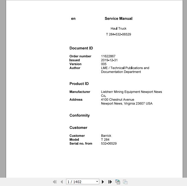 Liebherr Mining Haul Truck T284 532 06529 Service ManualsEN 1
