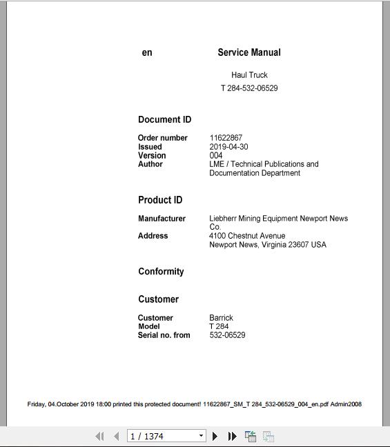 Liebherr Mining Haul Truck T284 532 06529 Service ManualsEN 1d4PmG