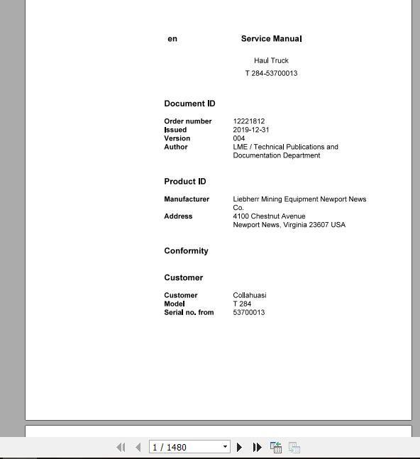 Liebherr Mining Haul Truck T284 53700013 Service ManualsEN 1