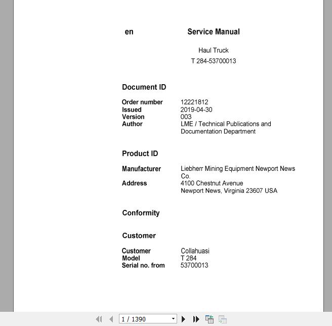 Liebherr Mining Haul Truck T284 53700013 Service ManualsEN 15mTIB
