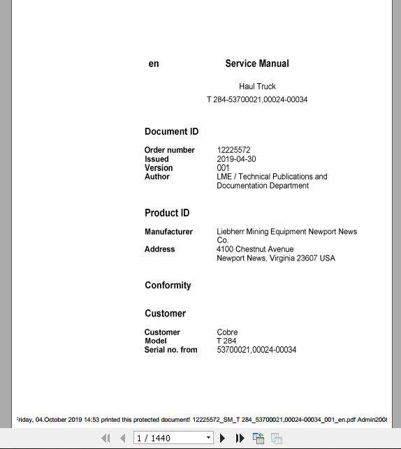 Liebherr Mining Haul Truck T284 5370002100024 00034 Service ManualsEN 1