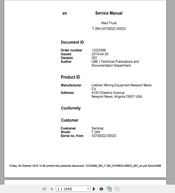 Liebherr Mining Haul Truck T284 53700022 00023 Service ManualsEN 17lTtm