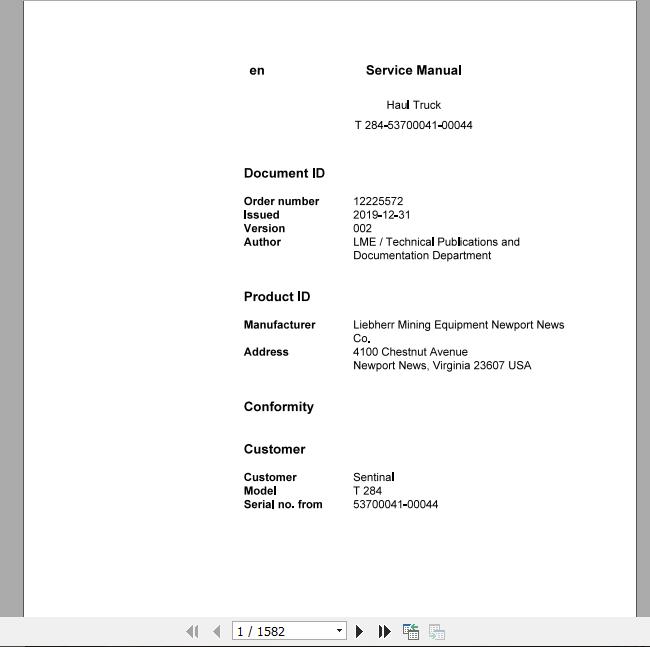 Liebherr Mining Haul Truck T284 53700041 00044 Service ManualsEN 1