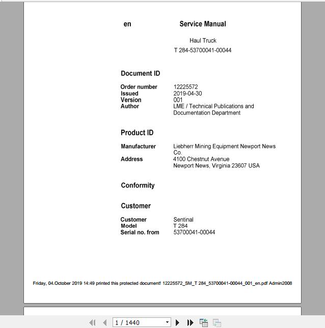 Liebherr Mining Haul Truck T284 53700041 00044 Service ManualsEN 15TIqe