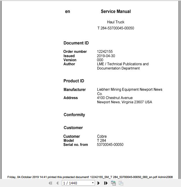 Liebherr Mining Haul Truck T284 53700045 00050 Service ManualsEN 1