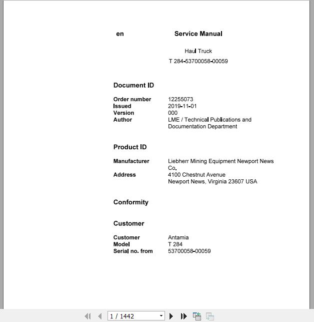 Liebherr Mining Haul Truck T284 53700058 00059 Service ManualsEN 1