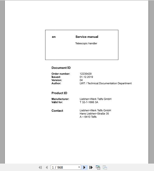 Liebherr Telescopic Handler T32 716663A Service ManualsEN 1