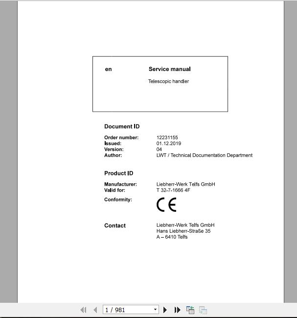 Liebherr Telescopic Handler T32 716664F Service ManualsEN 1