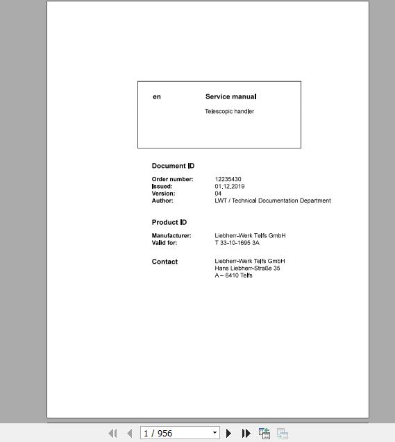 Liebherr Telescopic Handler T33 1016953A Service ManualsEN 1