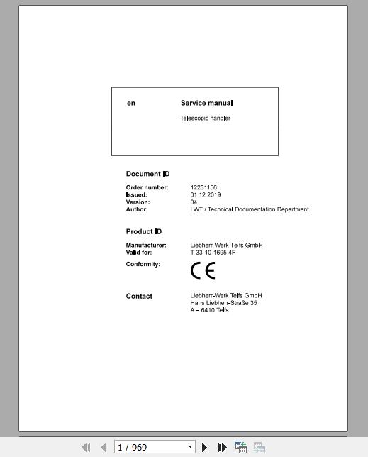 Liebherr Telescopic Handler T33 1016954F Service ManualsEN 1