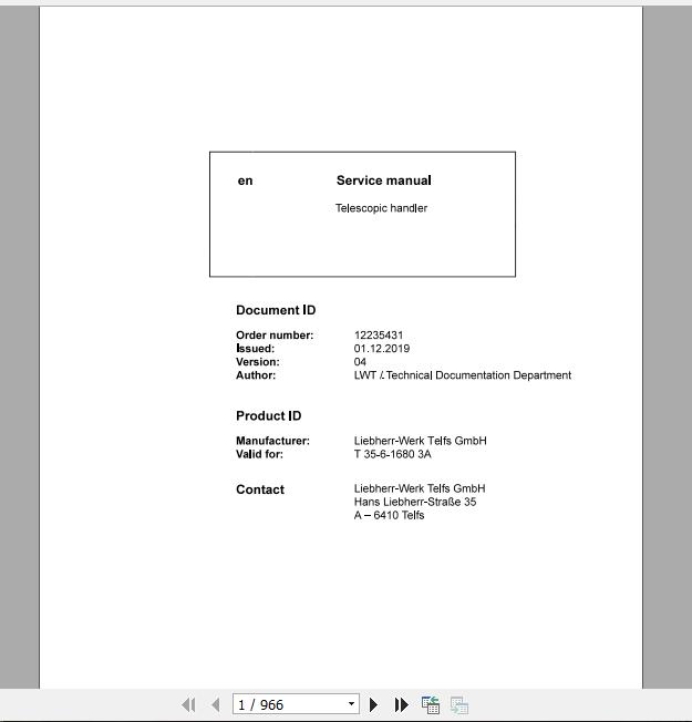 Liebherr Telescopic Handler T35 616803A Service ManualsEN 1