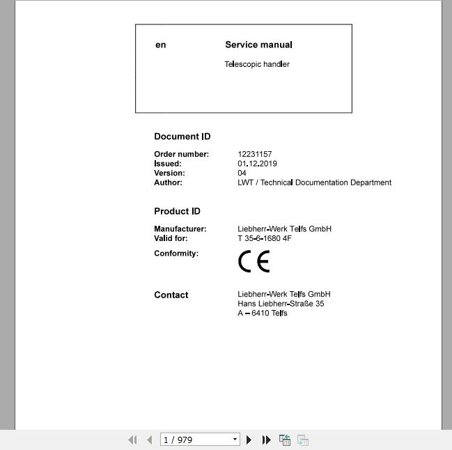 Liebherr Telescopic Handler T35 616804F Service ManualsEN 1