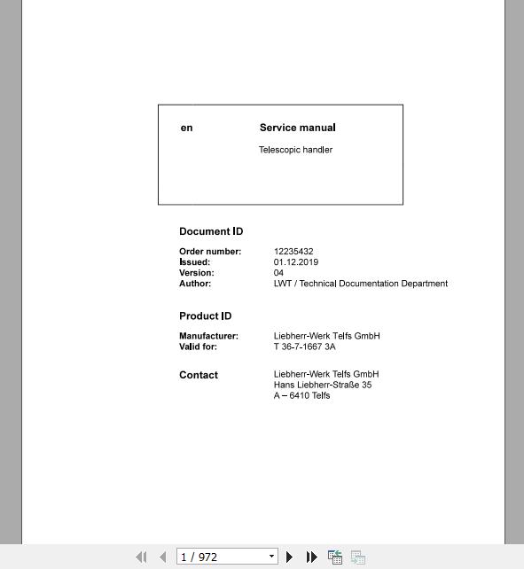 Liebherr Telescopic Handler T36 716673A Service ManualsEN 1