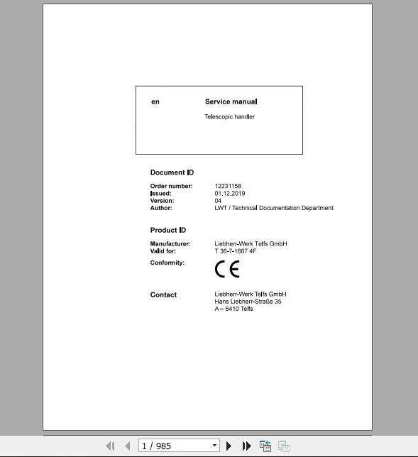 Liebherr Telescopic Handler T36 716674F Service ManualsEN 1