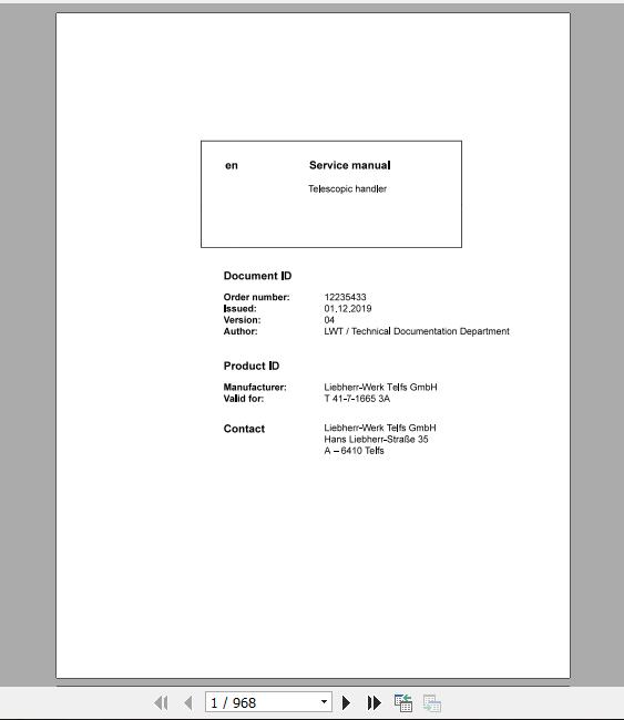 Liebherr Telescopic Handler T41 716653A Service ManualsEN 1