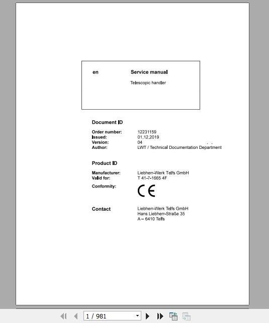 Liebherr Telescopic Handler T41 716654F Service ManualsEN 1