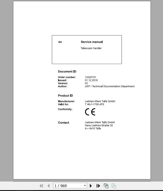 Liebherr Telescopic Handler T46 717064FS Service ManualsEN 1
