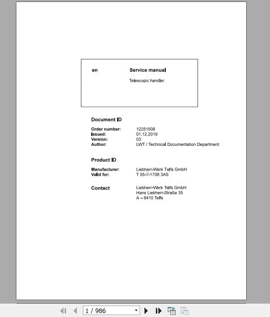 Liebherr Telescopic Handler T55 717083AS Service ManualsEN 1
