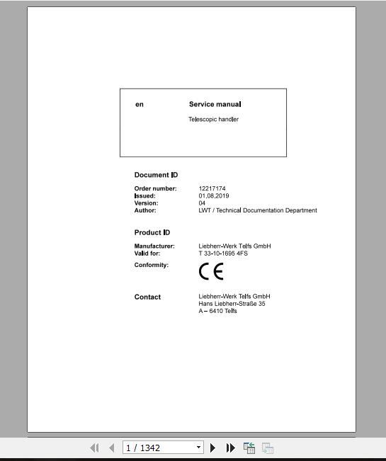 Liebherr Telescopic Handler Tier 3 T33 1016954FS Service ManualsEN 1