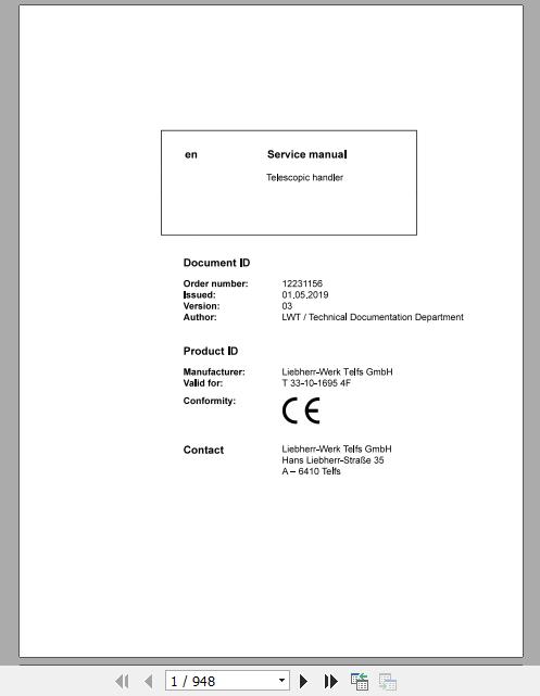 Liebherr Telescopic Handler Tier 3 T33 1016954F Service ManualsEN 1onXH1