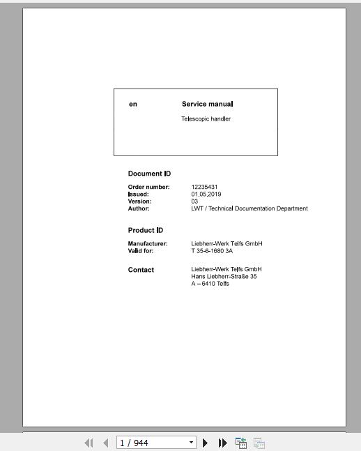 Liebherr Telescopic Handler Tier 4F T35 616803A Service ManualsEN 1