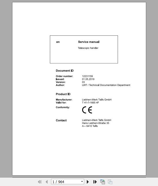 Liebherr Telescopic Handler Tier 4F T41 716654F Service ManualsEN 1