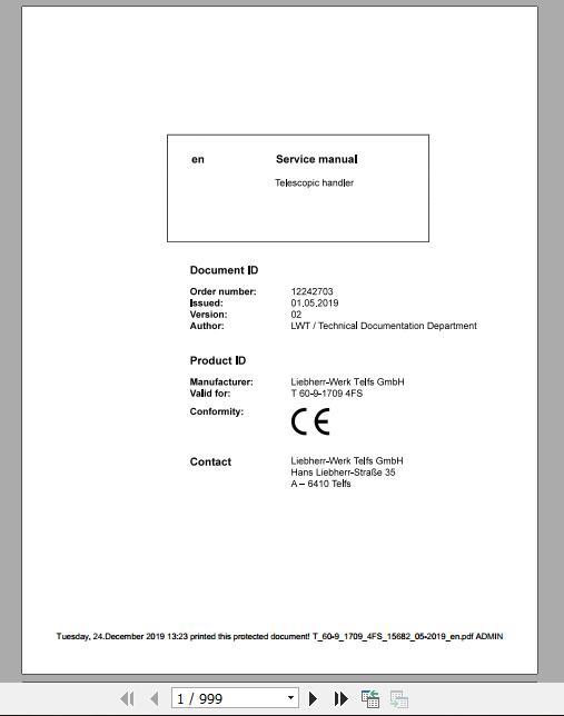 Liebherr Telescopic Handler Tier 4F T60 917094FS Service ManualsEN 1