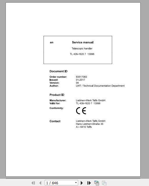 Liebherr Telescopic Handler Tier 4F TL43616207 Service ManualsEN 1