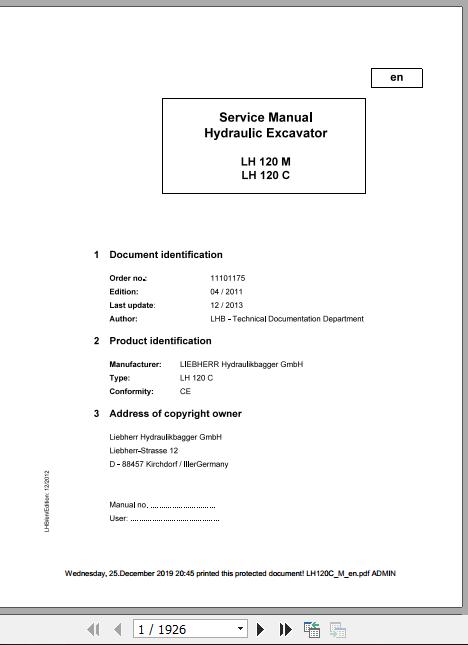 Liebherr Wheeled Crawler Excavators LH120CM Service ManualsEN 1