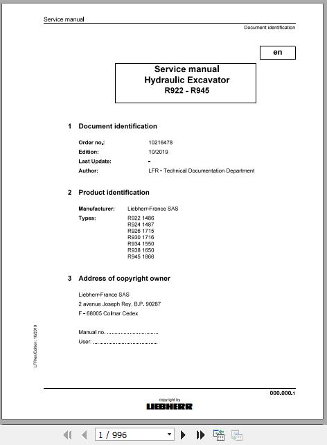 Liebherr Wheeled Crawler Excavators R922 R945 Service ManualsEN 1