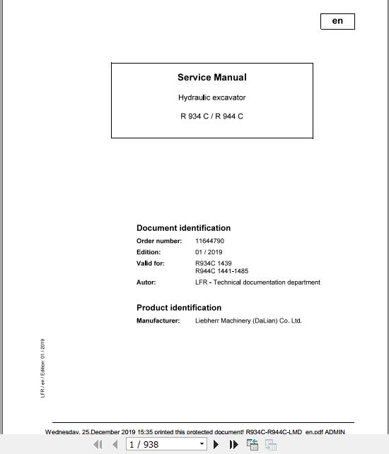Liebherr Wheeled Crawler Excavators R934C R944C LMD Service ManualsEN 1