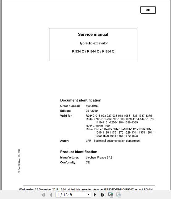 Liebherr Wheeled Crawler Excavators R934C R944C R954C Service ManualsEN 1