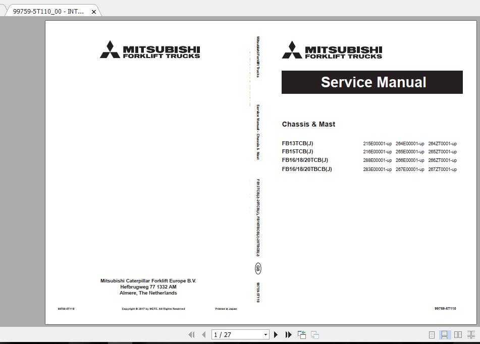 Mitsubishi Forklift FB16TBCB Service Manual 1 1