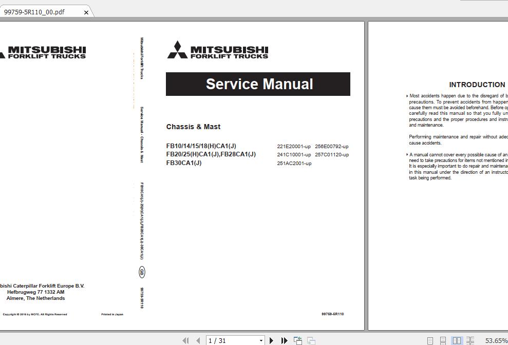 Mitsubishi Forklift FB25CA1J Service Manual 1