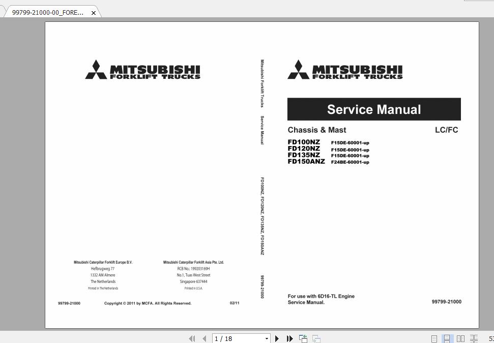 Mitsubishi Forklift FD100NZ Service Manual