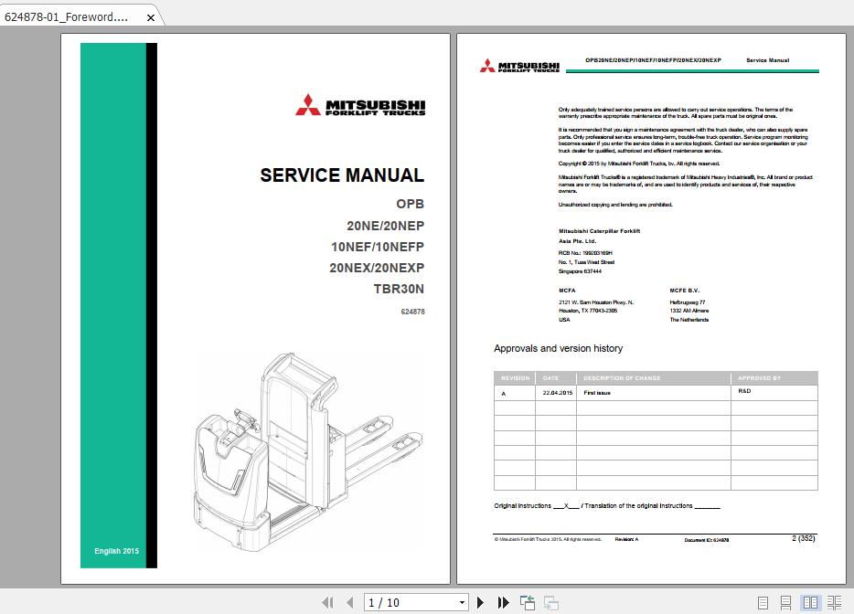 Mitsubishi Forklift OPB 20NENEFNEXNEPEFPEXPTBR30N 624878 Service Manual 1