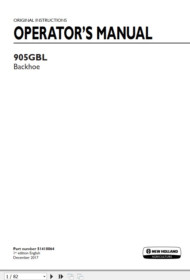 New Holand Backhoe 905GBL Operators Manual51410064 1 1