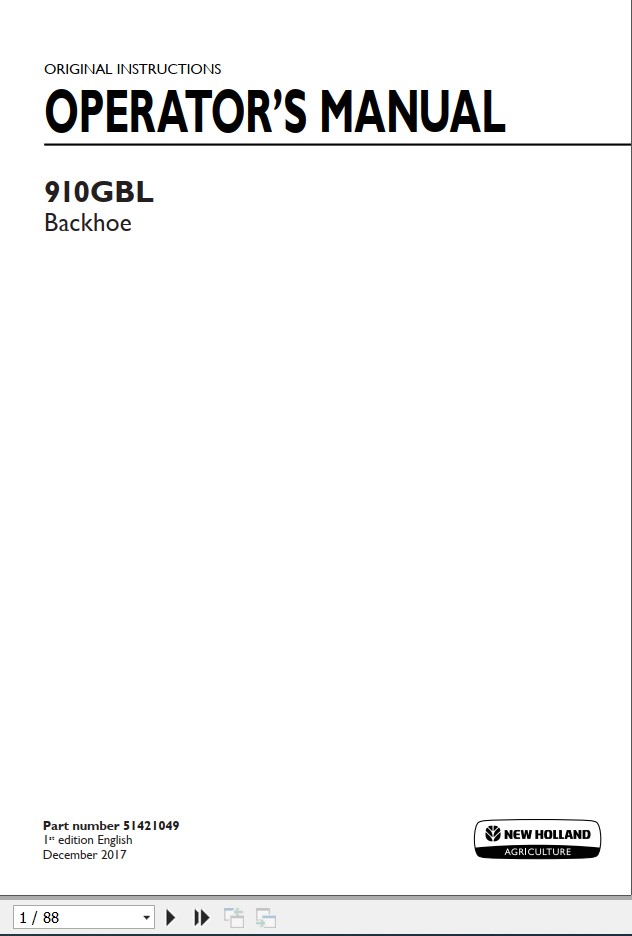 New Holand Backhoe 910GBL Operators Manual51421049 1